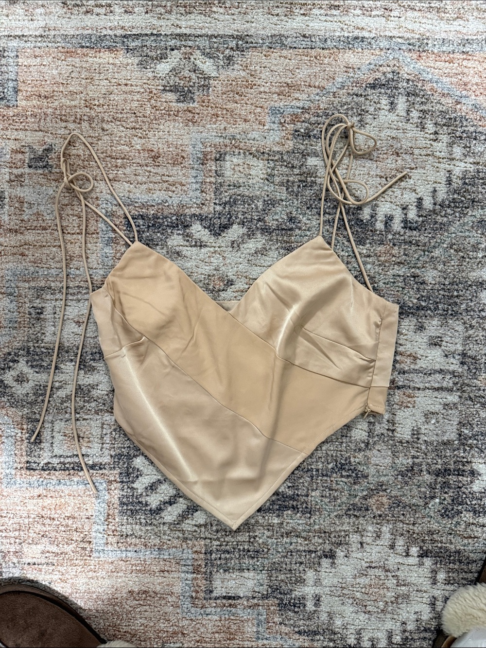 Beige Tie-Strap Satin V-Neck Crop Top